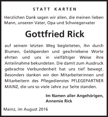 Traueranzeige von Gottfried Rick von Trauerportal Rhein Main Presse