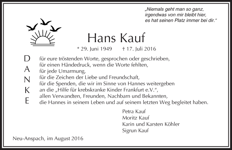  Traueranzeige für Hans Kauf vom 13.08.2016 aus  Usinger Anzeiger