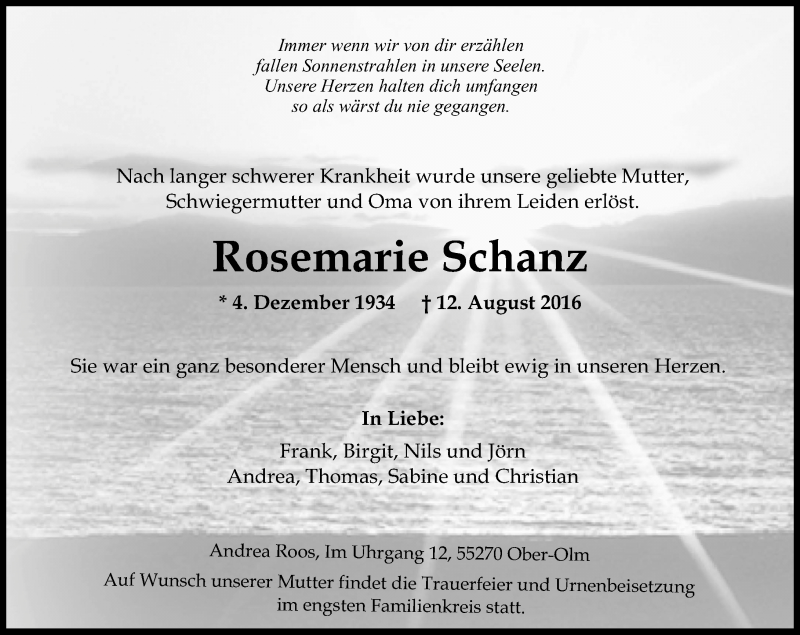  Traueranzeige für Rosemarie Schanz vom 20.08.2016 aus Trauerportal Rhein Main Presse