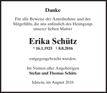 Traueranzeige von Erika Schütz von Trauerportal Rhein Main Presse