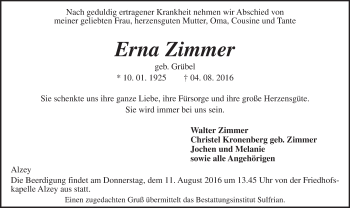 Traueranzeige von Erna Zimmer von Trauerportal Rhein Main Presse