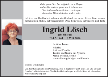 Traueranzeige von Ingrid Lösch von Trauerportal Rhein Main Presse