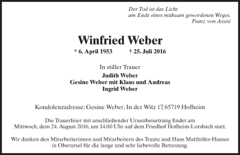 Traueranzeige von Winfried Weber von Trauerportal Rhein Main Presse