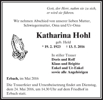 Traueranzeige von Katharina Hohl von  Camberger Anzeiger