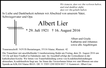 Traueranzeige von Albert Lier von Trauerportal Rhein Main Presse