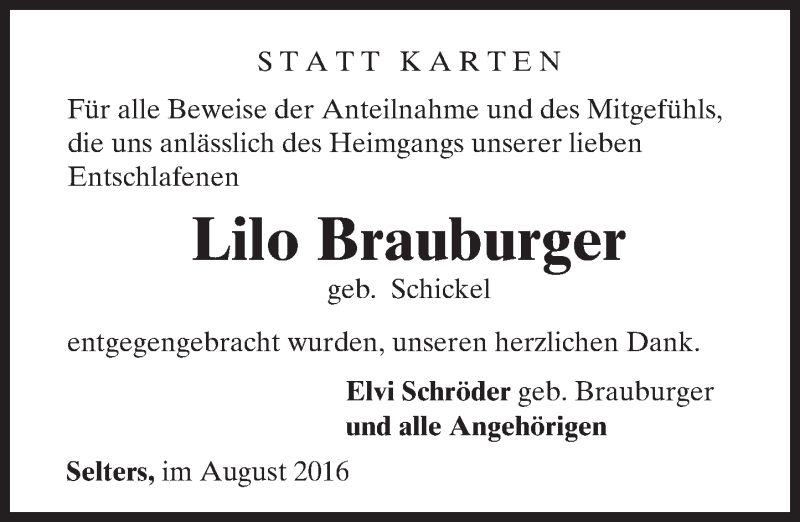  Traueranzeige für Lilo Brauburger vom 04.08.2016 aus  Camberger Anzeiger