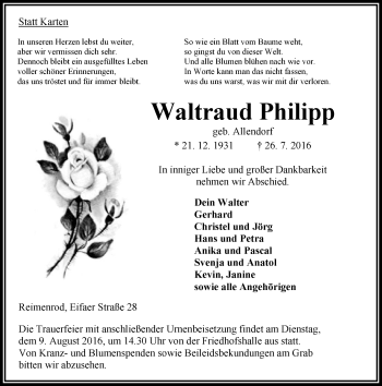 Traueranzeige von Waltraud Philipp von VRM Trauer
