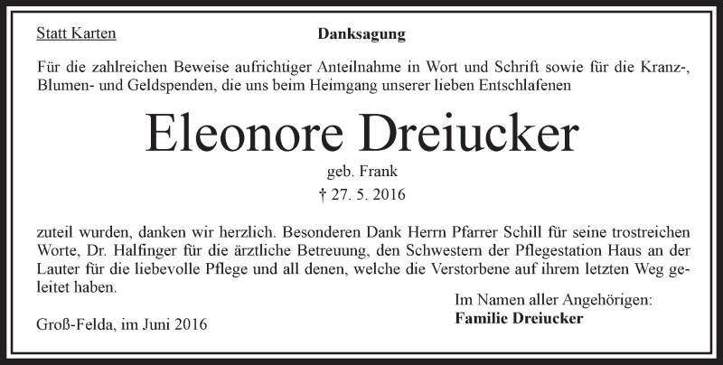  Traueranzeige für Eleonore Dreiucker vom 25.06.2016 aus VRM Trauer