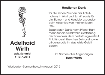 Traueranzeige von Adelhaid Wirth von Trauerportal Rhein Main Presse