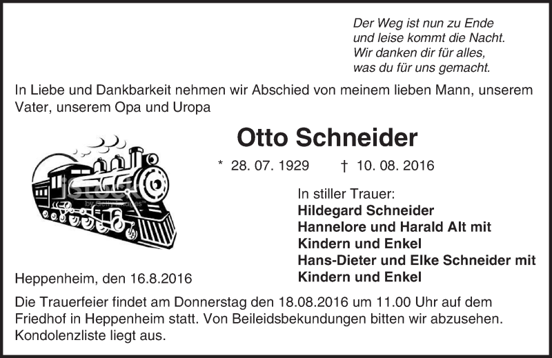  Traueranzeige für Otto Schneider vom 15.08.2016 aus Trauerportal Echo Online