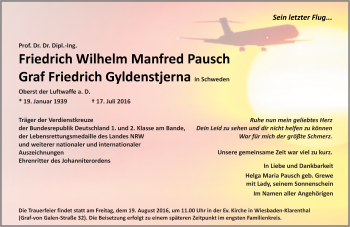 Traueranzeige von Friedrich Wilhelm Manfred Pausch von Trauerportal Rhein Main Presse