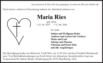 Traueranzeige von Maria Ries von Trauerportal Echo Online