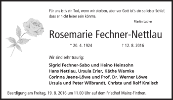 Traueranzeige von Rosemarie Fechner-Nettlau von Trauerportal Rhein Main Presse