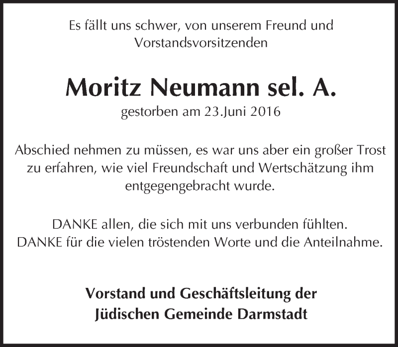  Traueranzeige für Moritz Neumann vom 13.08.2016 aus Trauerportal Echo Online