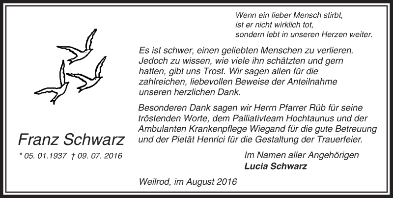  Traueranzeige für Franz Schwarz vom 10.08.2016 aus  Usinger Anzeiger
