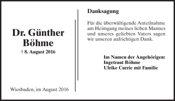 Traueranzeige von Günther Böhme von Trauerportal Rhein Main Presse