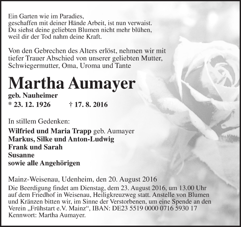 Traueranzeige für Martha Aumayer vom 20.08.2016 aus Trauerportal Rhein Main Presse