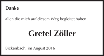 Traueranzeige von Gretel Zöller von Trauerportal Echo Online