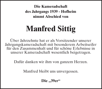 Traueranzeige von Manfred Sittig von Trauerportal Rhein Main Presse