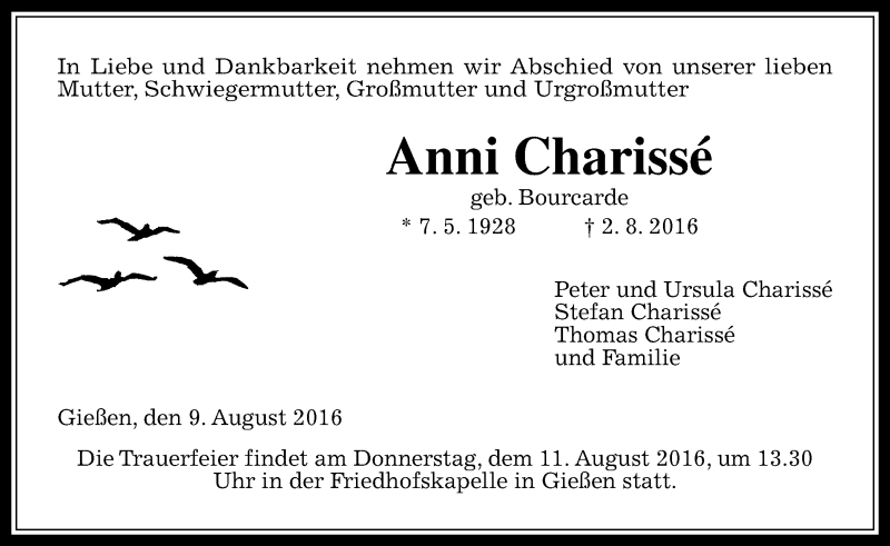  Traueranzeige für Anni Chariss vom 09.08.2016 aus  Gießener Anzeiger