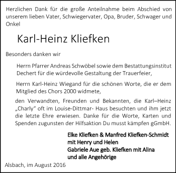 Traueranzeige von Karl-Heinz Kliefken von Trauerportal Echo Online