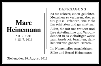 Traueranzeige von Marc Heinemann von  Gießener Anzeiger