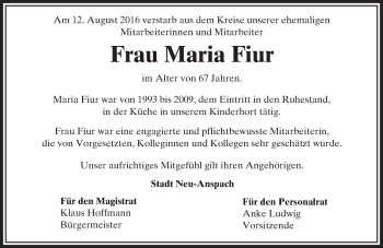Traueranzeige von Maria Fiur von  Usinger Anzeiger