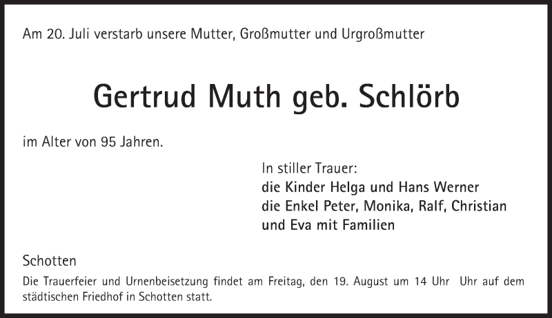  Traueranzeige für Gertrud Muth vom 17.08.2016 aus  Kreisanzeiger
