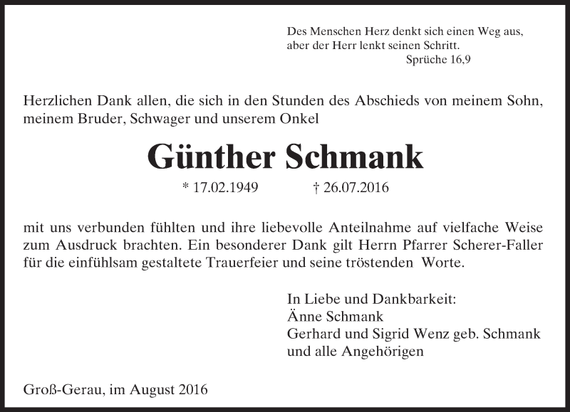  Traueranzeige für Günther Schmank vom 13.08.2016 aus Trauerportal Echo Online