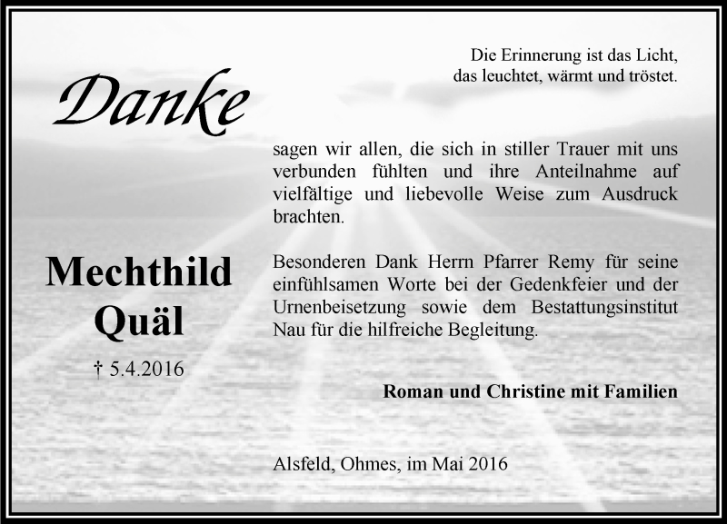  Traueranzeige für Mechthild Quäl vom 21.05.2016 aus VRM Trauer