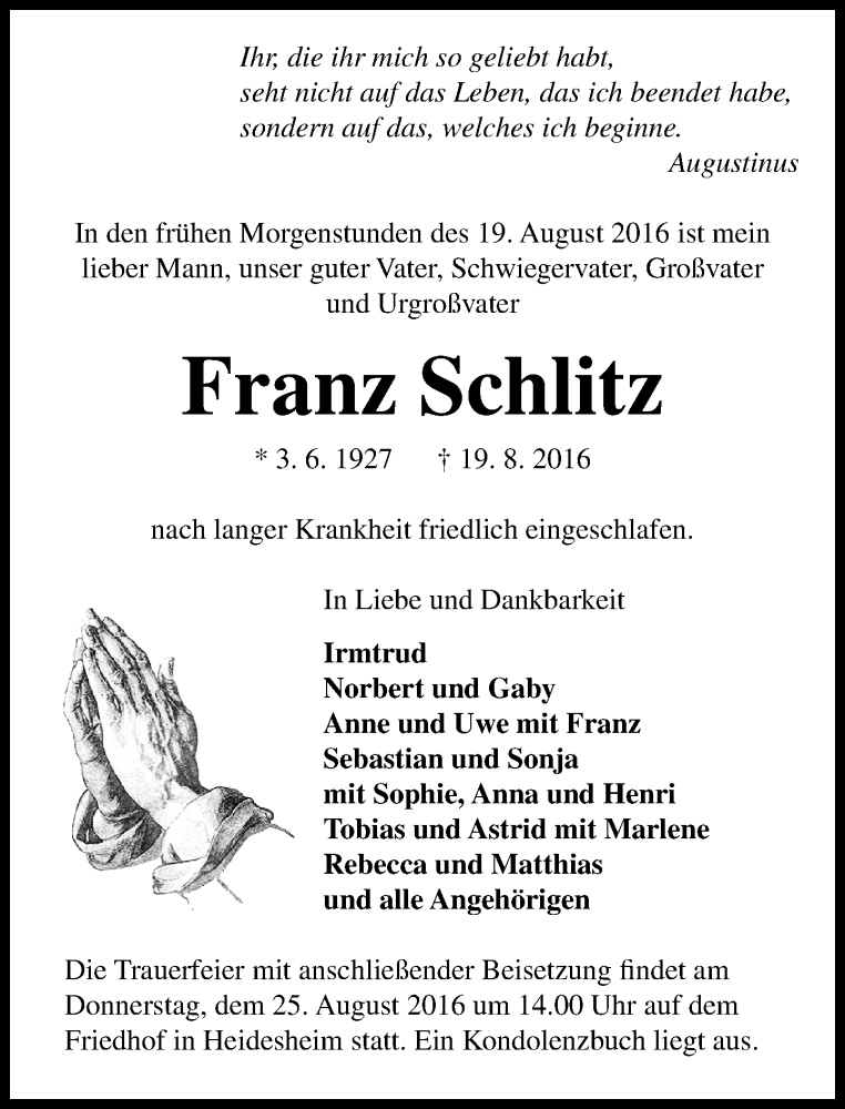  Traueranzeige für Franz Schlitz vom 22.08.2016 aus Trauerportal Rhein Main Presse