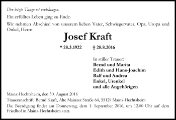 Traueranzeige von Josef Kraft von Trauerportal Rhein Main Presse