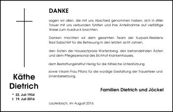 Traueranzeige von Käthe Dietrich von VRM Trauer