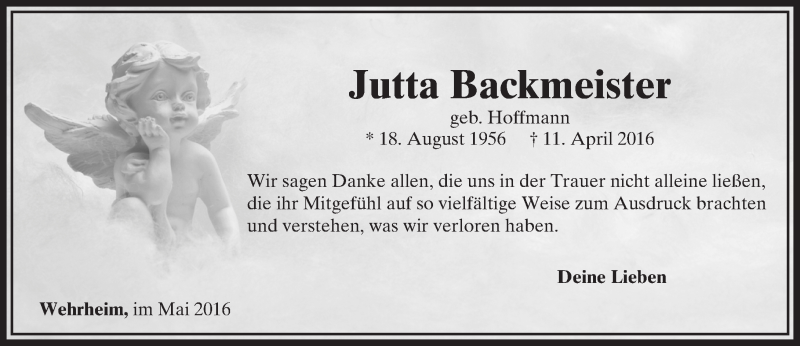  Traueranzeige für Jutta Backmeister vom 06.05.2016 aus  Camberger Anzeiger