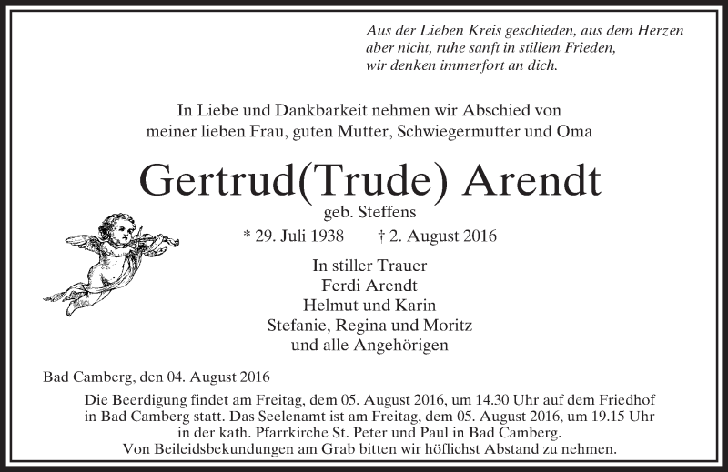  Traueranzeige für Gertrud Arendt vom 04.08.2016 aus  Camberger Anzeiger