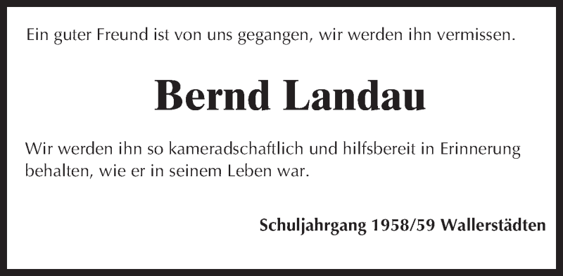  Traueranzeige für Bernd Landau vom 25.08.2015 aus Darmstädter Echo