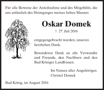 Traueranzeige von Oskar Domek von Trauerportal Echo Online