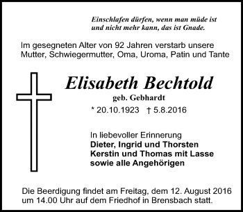 Traueranzeige von Elisabeth Bechtold von Trauerportal Echo Online