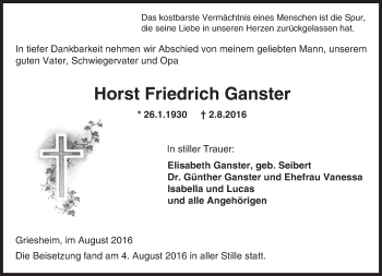 Traueranzeige von Horst Friedrich Ganster von Trauerportal Echo Online