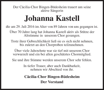 Traueranzeige von Johanna Kastell von Trauerportal Rhein Main Presse