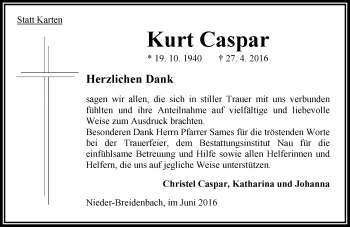 Traueranzeige von Kurt Caspar von VRM Trauer
