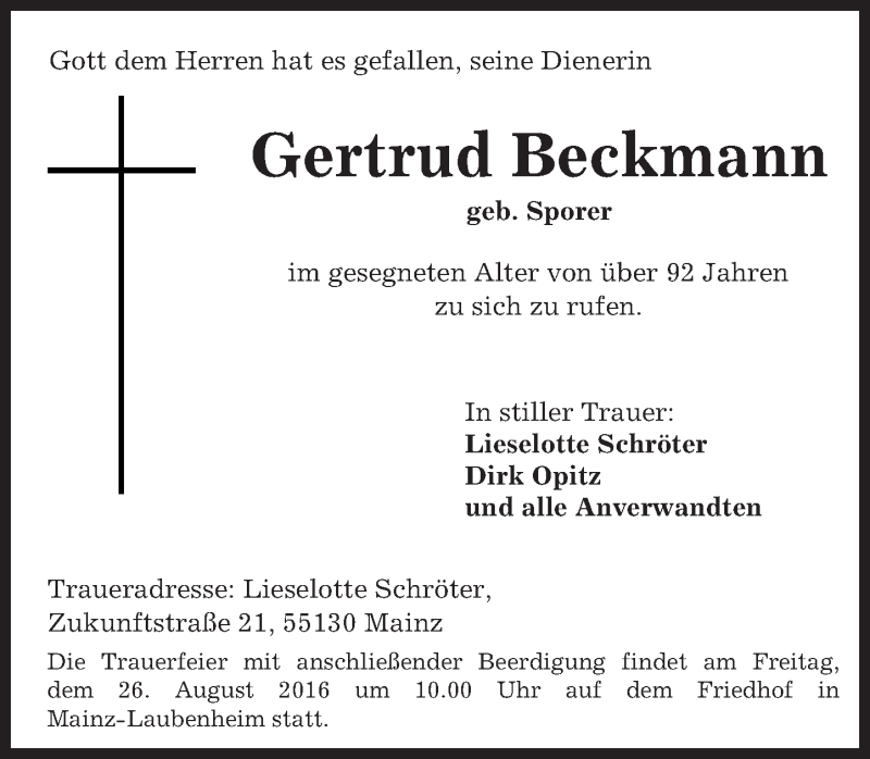  Traueranzeige für Gertrud Beckmann vom 24.08.2016 aus Trauerportal Rhein Main Presse