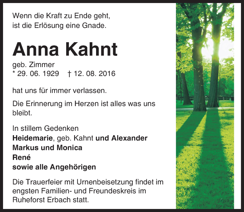  Traueranzeige für Anna Kahnt vom 23.08.2016 aus Trauerportal Echo Online