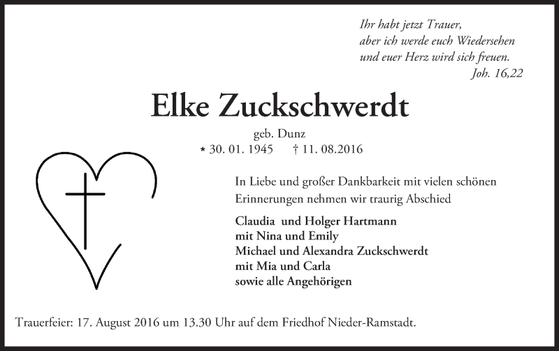  Traueranzeige für Elke Zuckschwerdt vom 13.08.2016 aus Trauerportal Echo Online
