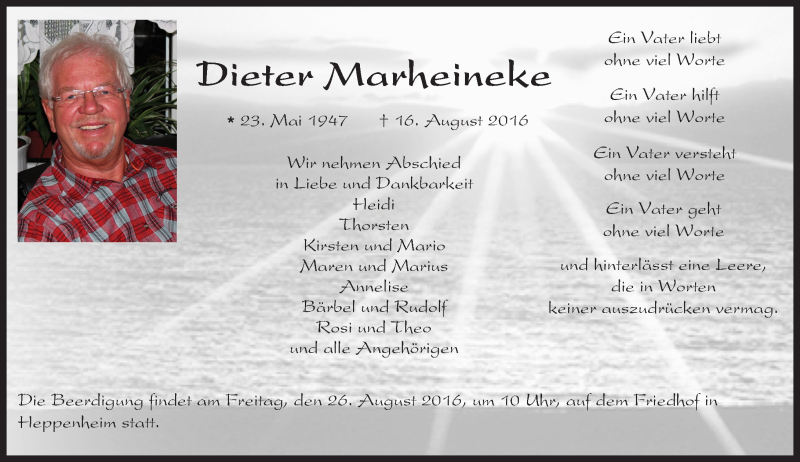  Traueranzeige für Dieter Marheineke vom 24.08.2016 aus Trauerportal Echo Online