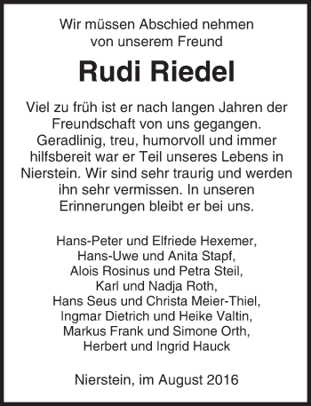 Traueranzeige von Rudi Riedel von Trauerportal Rhein Main Presse