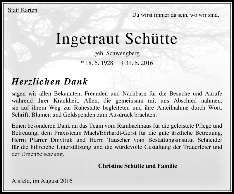  Traueranzeige für Ingetraut Schütte vom 06.08.2016 aus  OK Oberhessen Kurier