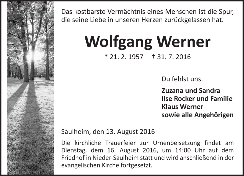  Traueranzeige für Wolfgang Werner vom 13.08.2016 aus Trauerportal Rhein Main Presse
