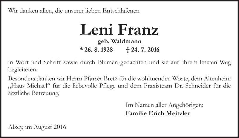  Traueranzeige für Leni Franz vom 27.08.2016 aus Trauerportal Rhein Main Presse