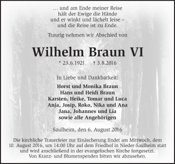 Traueranzeige von Wilhelm Braun von Trauerportal Rhein Main Presse